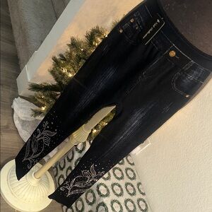 Nali Collection Dark Blue Jean like Leggings with Rhinestones Accents